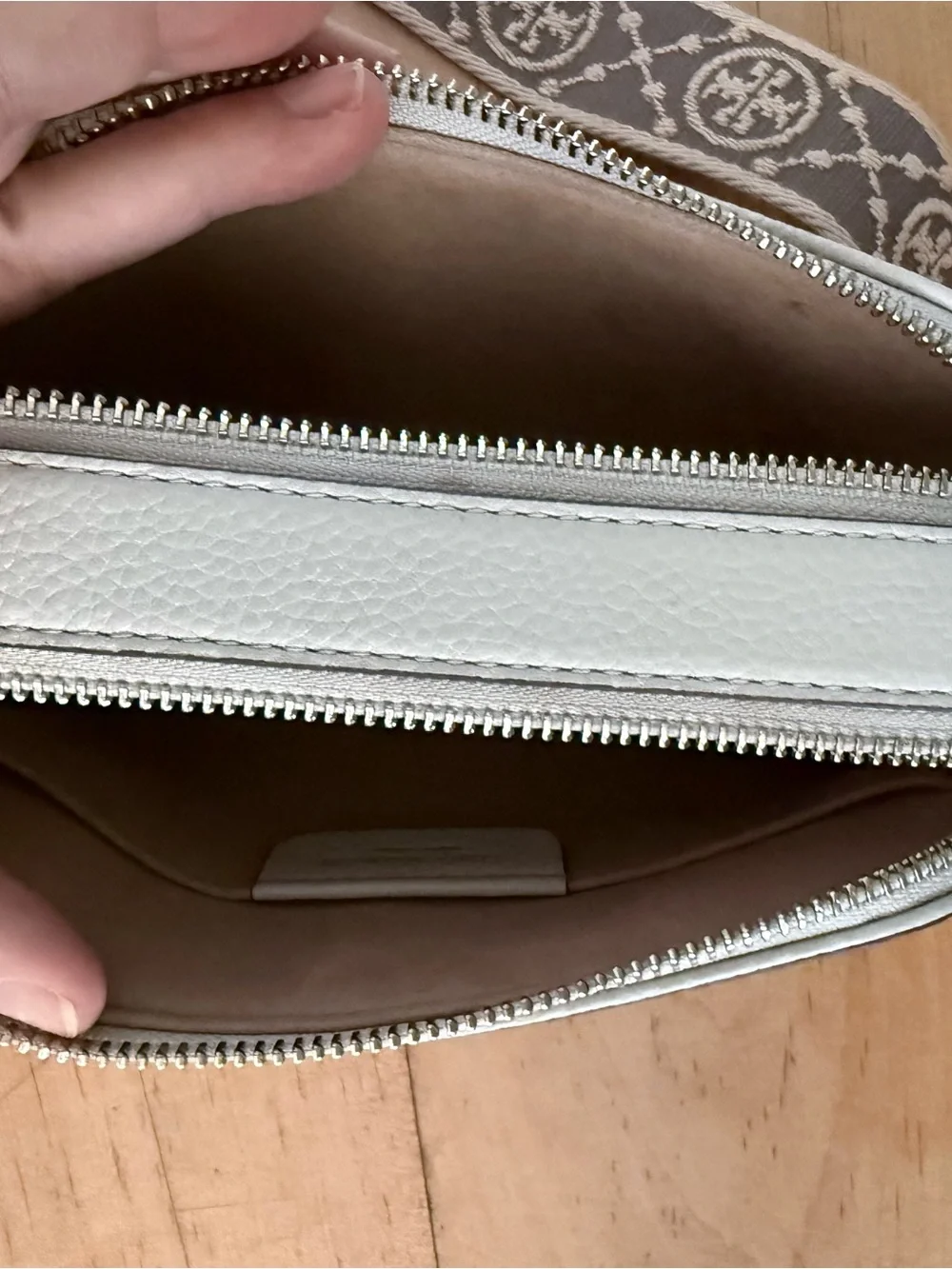 Tory Burch Pebbled Light Gray Leather Camera Crossbody with Patterned Logo Strap